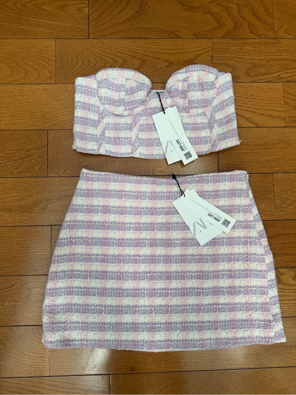 Zara Plaid Tweed Bustier with Mini Skirt Set